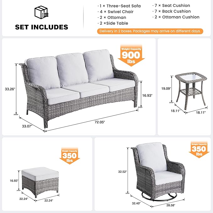 ovios 9-Piece Patio Furniture Set with Swivel Chairs Coffee Table, Outdoor Wicker Sofa with Comfy Cushions, High Back Couch Modern Conversation Sets, Grey/Grey