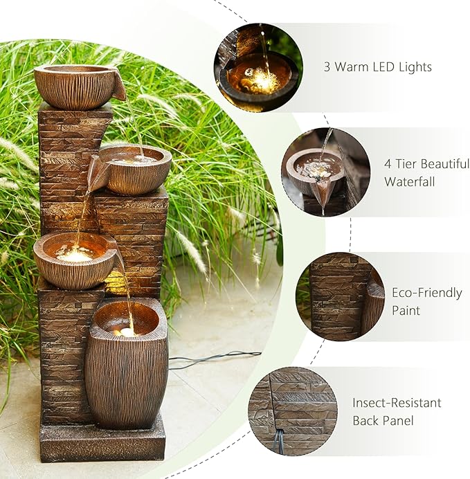 38.2" Tall Outdoor Water Fountain,Stone Texture Modern 4 Tiers Cascading Bowls Garden Fountains Outdoor,Suit for Patio, Deck, Porch, Lawns, Backyard and Home Art Decor
