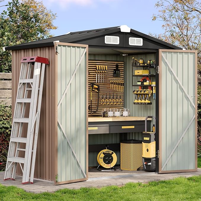 Aoxun 6.2x4 FT Shed Outdoor Storage Shed with Lockable Doors & Slooping Roof Metal Garden Tool Shed for Backyard, Patio, Poolside (Brown) by Aoxun