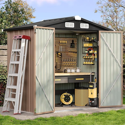Aoxun 6.2x4 FT Shed Outdoor Storage Shed with Lockable Doors & Slooping Roof Metal Garden Tool Shed for Backyard, Patio, Poolside (Brown) by Aoxun