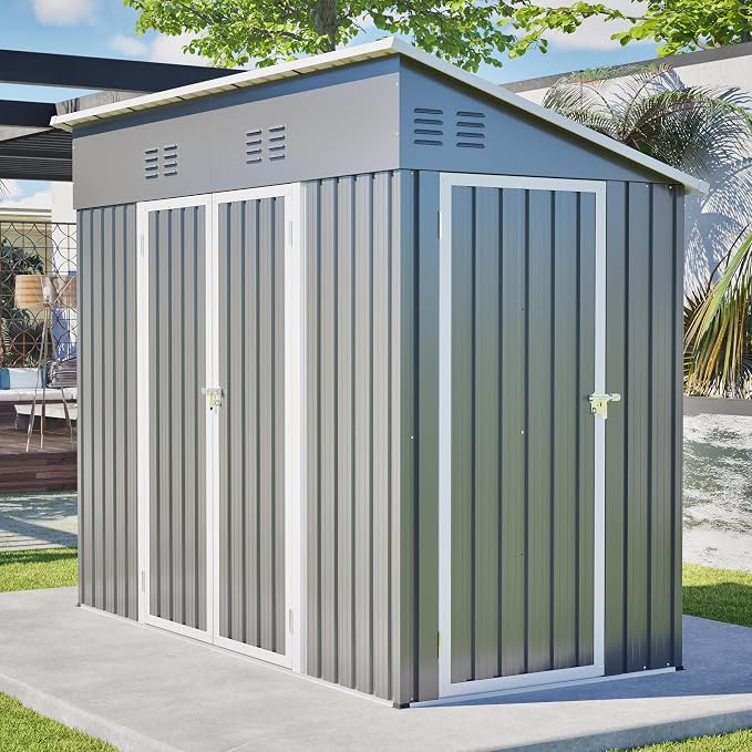YOPTO 4x8 FT Outdoor Storage Shed,Slope Roof Storage Metal Garden Shed Steel with Reinforced Beams,All Weather Waterproof Garden Tool House W/Lockable Door & 4 Air Vents,for Backyard,Patio,Lawn,Grey - Image 5