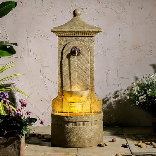 Outdoor Wall Fountain with LED Lights, 42.91” H Freestanding Garden Water Fountain, Large Floor Standing Patio Waterfall Feature, European Resin Flat Back Yard Courtyard Porch Déco