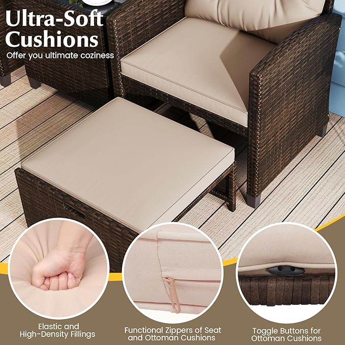 KOTEK 5 Pieces Patio Furniture Set with Ottomans, Wicker Patio Conversation Set with Coffee Table & Cushions, PE Rattan Outdoor Lounge Chairs for Backyard, Porch, Poolside (Mix Brown- Beige)