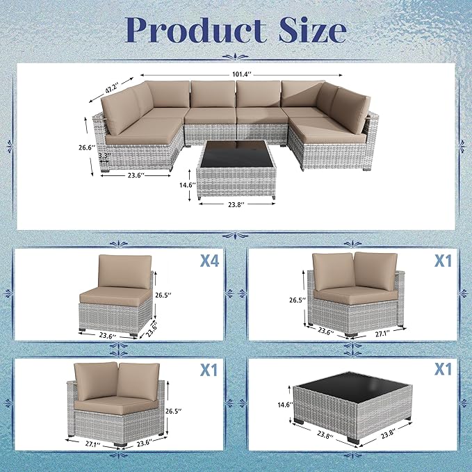 KIGOTY Patio Furniture Set,7 Pieces Modular Outdoor Sectional Sofa, PE Rattan Patio Conversation Set, All Weather Wicker Patio Furniture with Cushions and Coffee Table（Grey White/Camel）