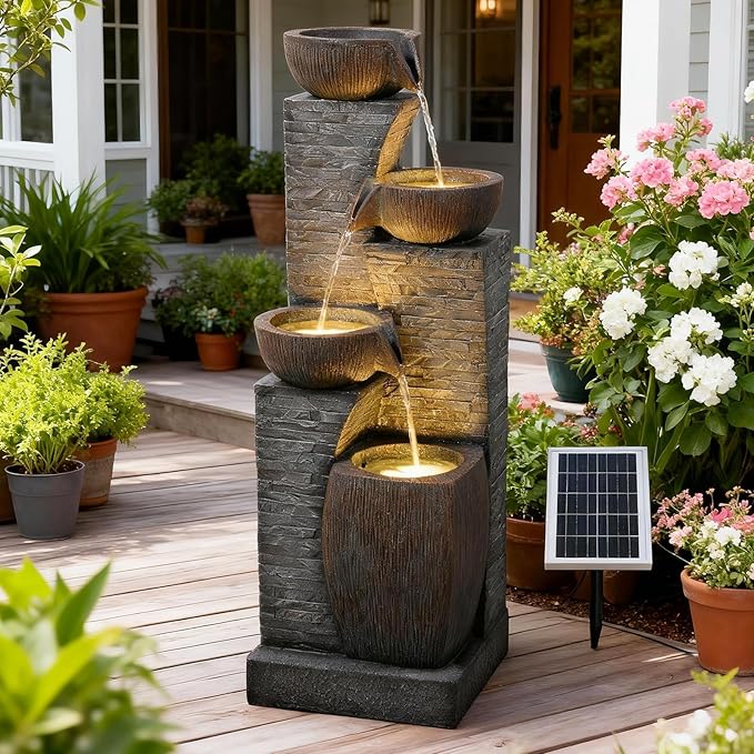 38.2" Tall Solar Water Fountain Outdoor Garden,Stone Texture Modern 4 Tiers Cascading Bowls Garden Fountains Outdoor,Suit for Patio, Deck, Porch, Lawns, Backyard and Home Art Decor