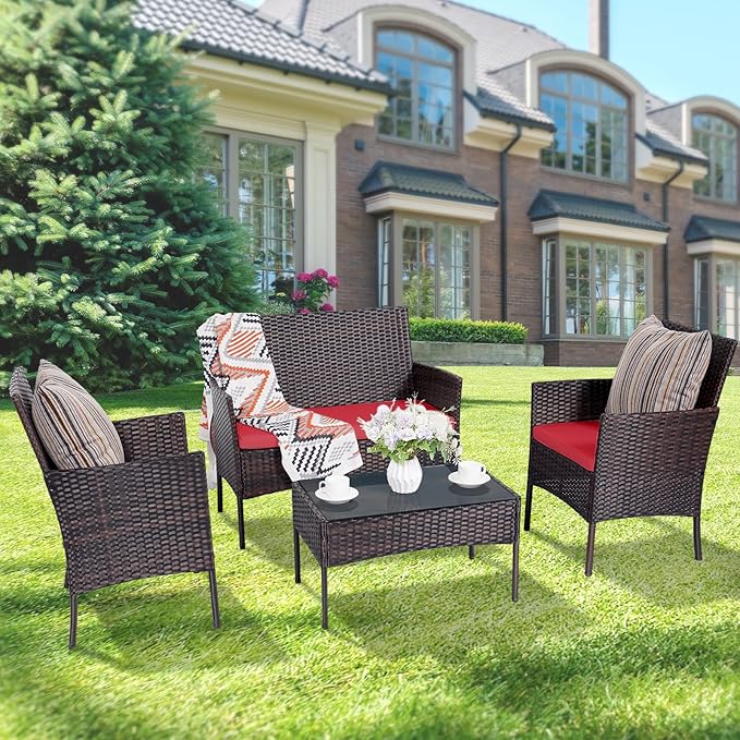 Patio Furniture Set,4 Piece Garden Conversation Set, Outdoor Wicker Rattan Table and Chairs, Black Patio Set, Sectional Sofa with Thick Cushion for Garden, Yard, or Porch (Brown/Red)