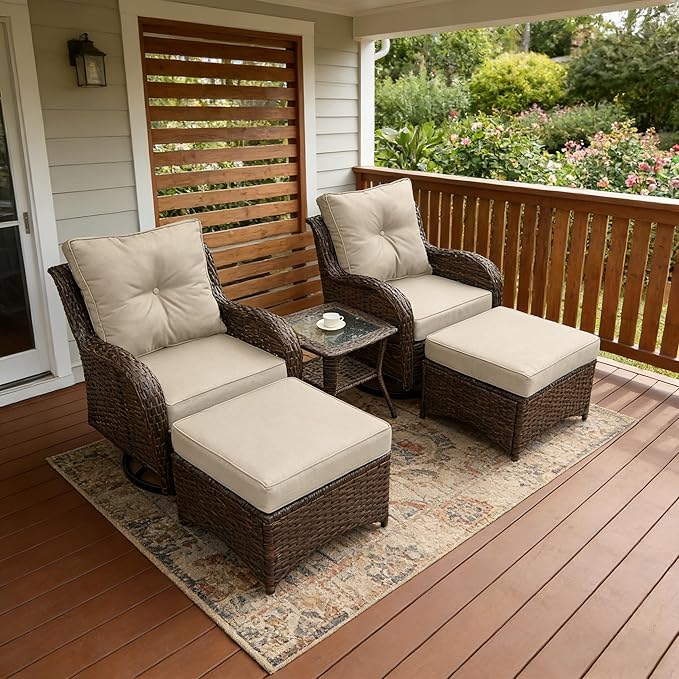 Patio Furniture Set, 5PCS Outdoor Wicker Conversation Set with 6" Thick Cushions, High Back Swivel Rocker Chairs, Weather Resistant Olefin Fabric for Garden, Poolside, Beige