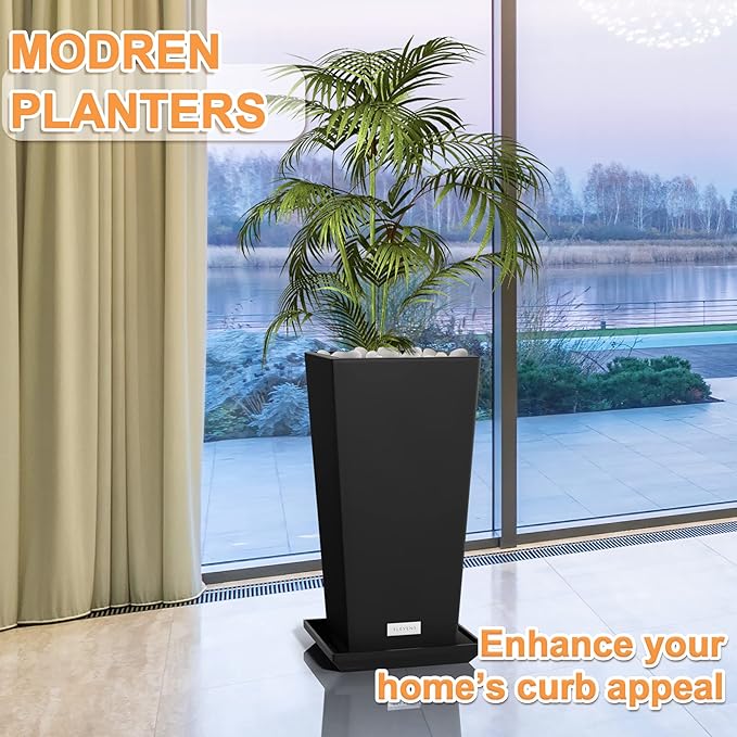 Elevens Outdoor Planter Larger Flower Pots Indoor Taper Garden V-Shape Tall Planters 28 inches Garden Pots Planter with 2 Trays - Black（2 Packs）, 28"-2 Pack (A-GE01002)