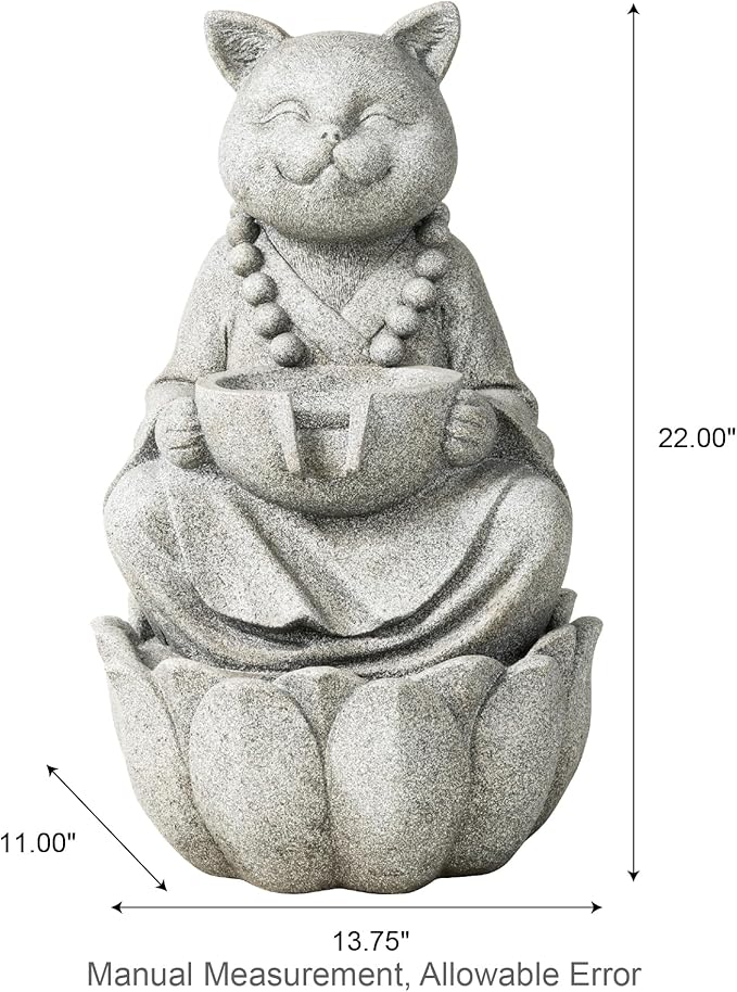 Glitzhome Water Fountain Outdoor, Outdoor Fountain with Lights, Zen-Style Water Fountain with Pump, 22" H 2-Tiered Concrete Cat Statue Polyresin Water Feature for Home Patio Garden Backyard Decor