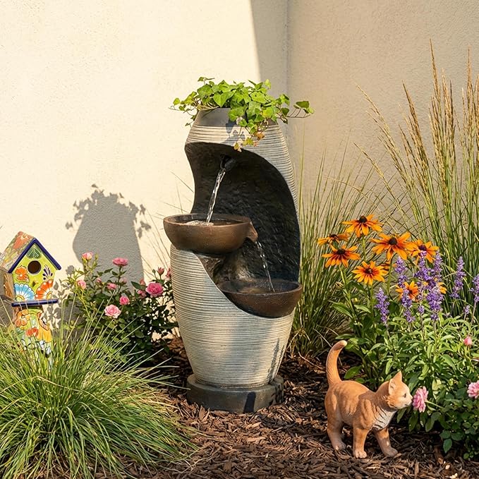 2-Tier Bowl Water Fountain with LED Lights, 27.95" Tall Freestanding Outdoor & Indoor Garden Waterfall Fountain for Yard, Patio, Backyard, Floor Standing Home Decor