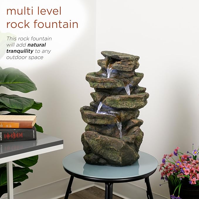 Alpine Corporation 20" H Outdoor Multi-Level Rock Floor Fountain with LED Lights, Brown