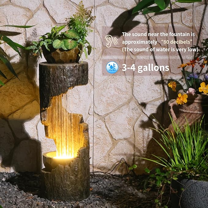 Outdoor Fountain Garden - Patio Waterfall Fountain with Lights, Rustic Wood-Style Cascading Waterfall with Planter Bird Feeder, Resin Water Feature for Deck, Patio, Backyard or Porch, 33.9" H