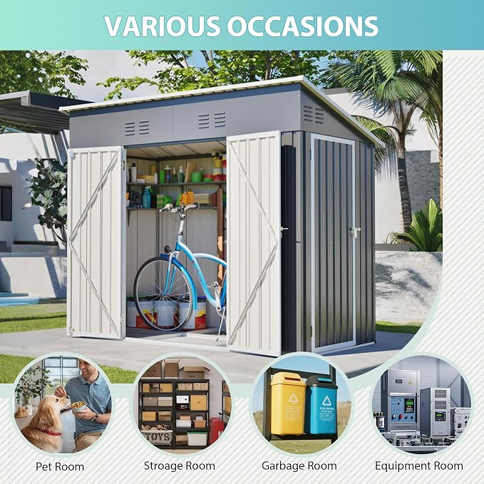 YOPTO 4x8 FT Outdoor Storage Shed,Slope Roof Storage Metal Garden Shed Steel with Reinforced Beams,All Weather Waterproof Garden Tool House W/Lockable Door & 4 Air Vents,for Backyard,Patio,Lawn,Grey - Image 8