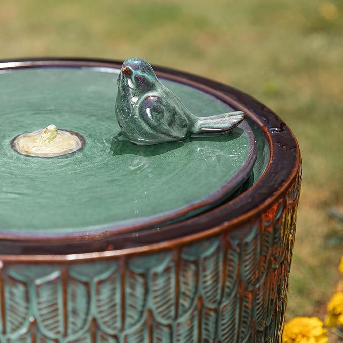 Glitzhome 14.75”H Outdoor Ceramic Water Fountain with LED Light and Pump, Embossed Leaf Pattern Floor Standing Bird Bath Fountain with Two Birds Decor for Patio Porch Deck Backyard, Turquoise