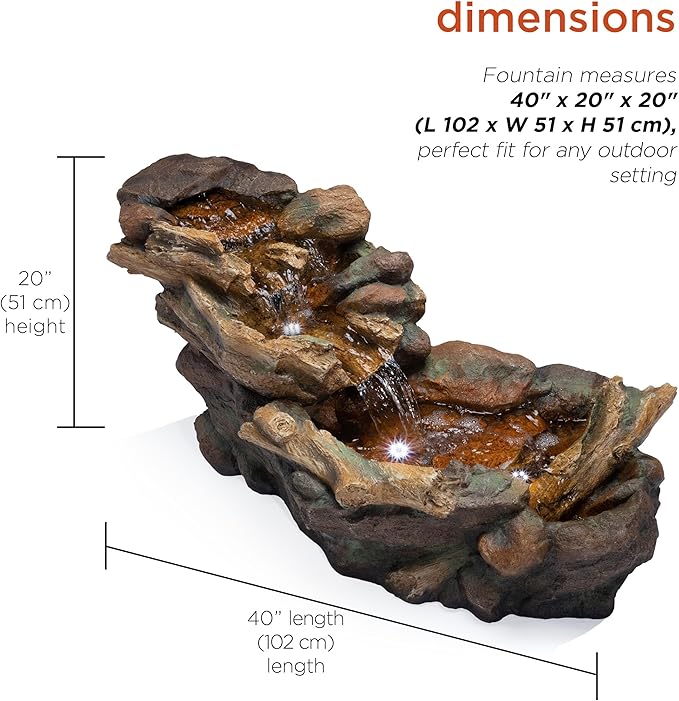 Alpine Corporation TZL288 Indoor/Outdoor Cascading Stone River Waterfalls Floor Fountain with LED Lights, 40 inches Long, Brown