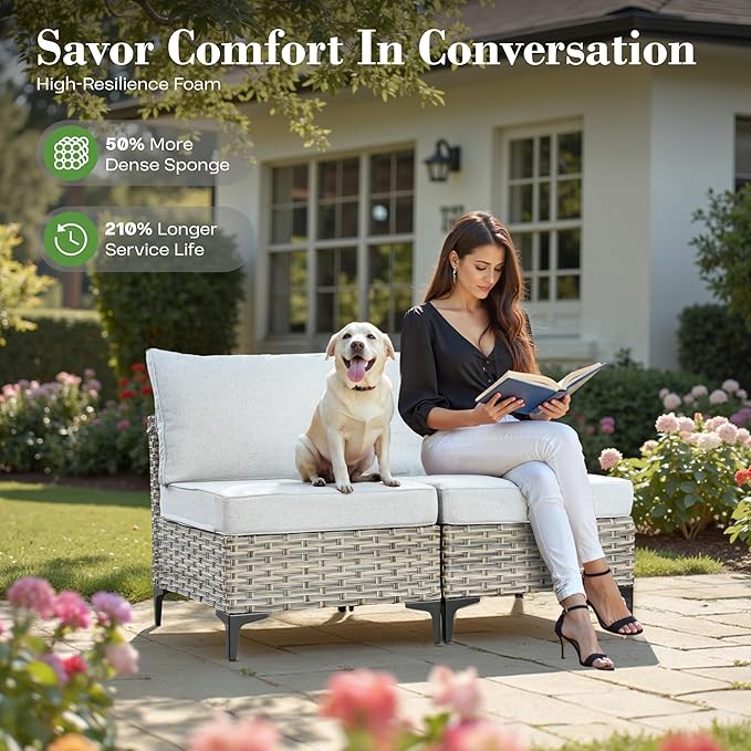 6 Pcs Patio Furniture with Fire Pit Table, Outdoor Rattan Wicker Conversation Set with Glowing Coffee Table, Comfy Sectional Sofa for Porch Balcony Backyard Pool, Light Grey