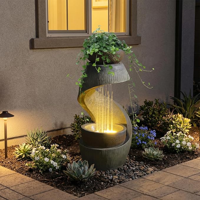31.9" Outdoor Water Fountain with Lights, Modern S-Shaped Waterfall Fountain Garden with Bowl, Resin Outside Water Feature for Garden Patio Yard Deck Balcony, Indoor Outdoor Water Fountains