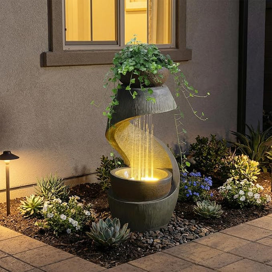 31.9" Outdoor Water Fountain with Lights, Modern S-Shaped Waterfall Fountain Garden with Bowl, Resin Outside Water Feature for Garden Patio Yard Deck Balcony, Indoor Outdoor Water Fountains