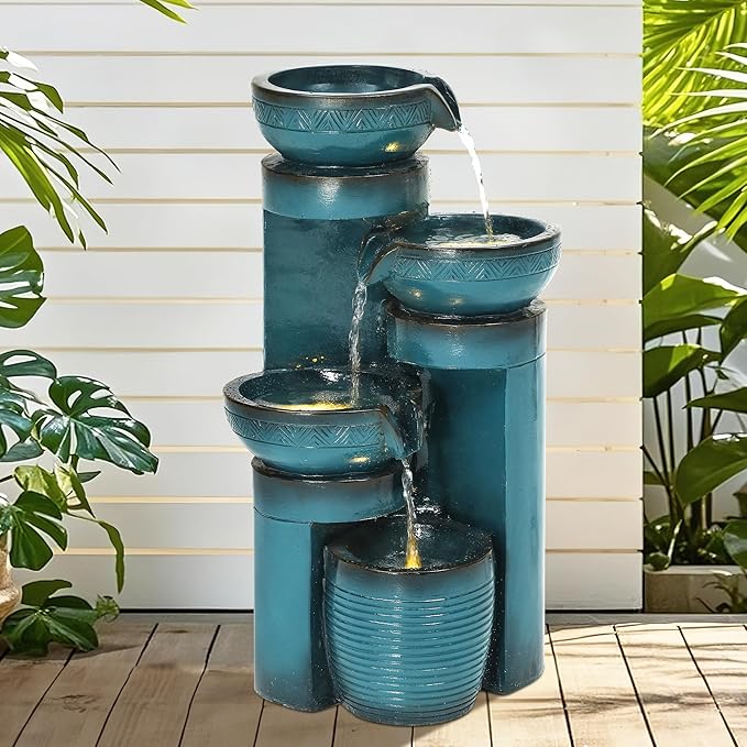19.3" Outdoor Water Fountain with LED Lights, 4-Tier Cascading Water Feature with Pump, Turquoise Faux Ceramic Pedestal Waterfall for Garden, Patio, Yard or Porch