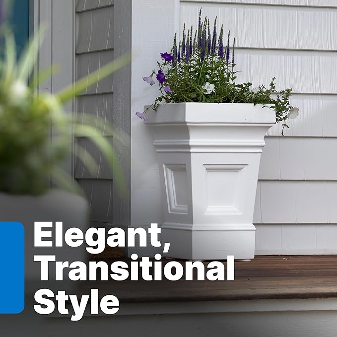Step2 Atherton Square Planter, Large Planters for Outdoor Plants, Gardening and Flower Pot for Patio or Porch, Efficient Drainage, Durable Plastic, White, 2-Pack