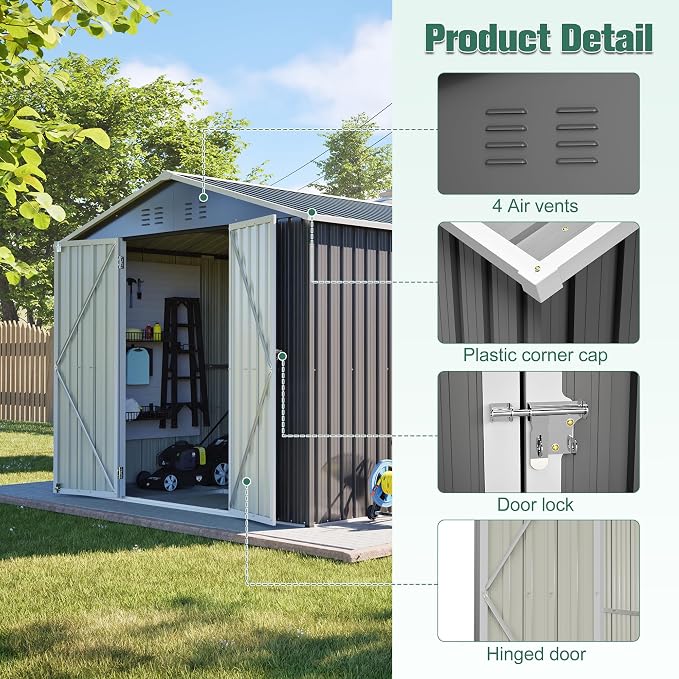 YOPTO 8x12 FT Large Outdoor Storage Shed with Lockable Doors & Floor Base,Weather-Resistant Metal Tool Shed for Garden, Backyard,Patio,Lawn,Gray - Image 7