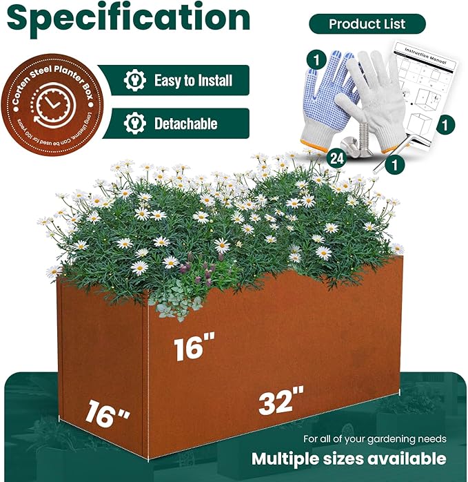Corten Steel Planter Box Rectangular Planters 32" L x 16" W x 16" H Large Outdoor Planter Metal Planter Box for Tall Plant Trough Rustic for Garden Yard Commercial Residential