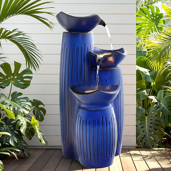30" H Ceramic Outdoor Water Fountain with LED Lights, 3-Tier Cascading Lotus Bowls Water Feature, Soothing Cascading Waterfall for Garden, Patio, Yard, Cobalt Blue Vertical Striped Texture