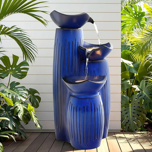 30" H Ceramic Outdoor Water Fountain with LED Lights, 3-Tier Cascading Lotus Bowls Water Feature, Soothing Cascading Waterfall for Garden, Patio, Yard, Cobalt Blue Vertical Striped Texture