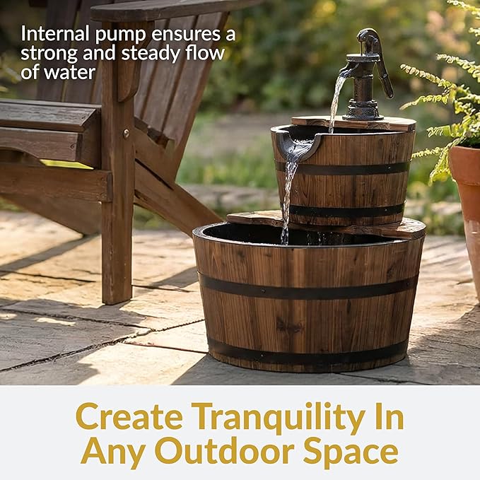 Sunnydaze 2-Tier Wood Barrel Water Fountain - 23-Inch Vintage Water Pump Fountain with Submersible Pump - for Garden, Patio, Decks