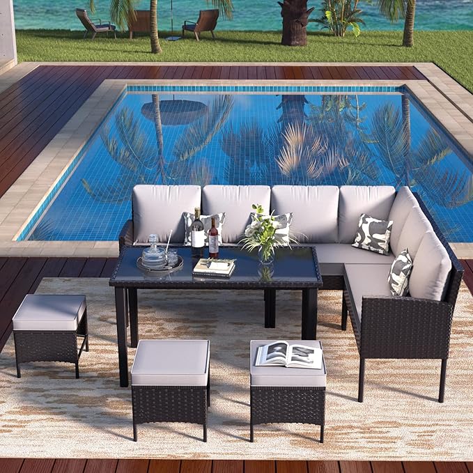7-Piece Patio Furniture Set, Outdoor Conversation Set with Dining Table & Ottomans, PE Rattan Sofa Set with Throw Pillows and Cushions for Deck Yard Poolside, Gray