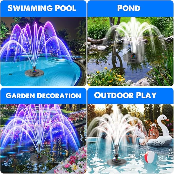 Yzert Pond Fountain with 12 Colorful Lights, 32.8ft Power Cord Adapter Electric Pool Fountain with 2-Tier Water Floating Waterfall Fountain for Outdoor Garden