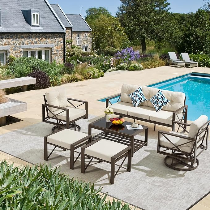 6 Pieces Metal Patio Furniture Set, Outdoor Seating Furniture with Swivel Chairs and Ottoman Ideal for Indoor Porch Deck Bistro Lawn Garden Backyard Poolside-Beige