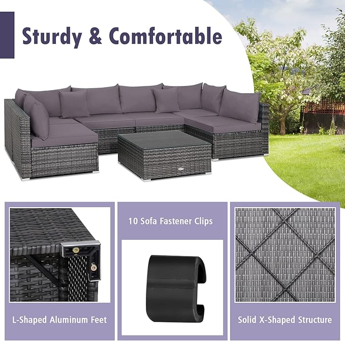 Tangkula 7 Piece Patio Wicker Furniture Set, Outdoor Rattan Sectional Sofa Set for 6 with Seat & Back Cushions, 2 Throw Pillows, Sofa Fastener Clips, for Backyard, Poolside, Deck and Garden (Gray)