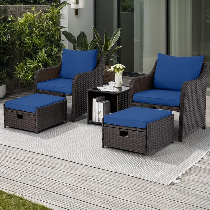 HOMREST 5 Piece Balcony Furniture, All Weather PE Wicker Rattan Patio Furniture Set, Cushioned Patio Chairs Set of 2 w/Ottoman&Table, Outdoor Lounge Chair for Lawn Pool Balcony, Navy Blue