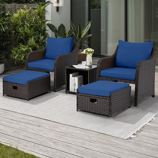 HOMREST 5 Piece Balcony Furniture, All Weather PE Wicker Rattan Patio Furniture Set, Cushioned Patio Chairs Set of 2 w/Ottoman&Table, Outdoor Lounge Chair for Lawn Pool Balcony, Navy Blue
