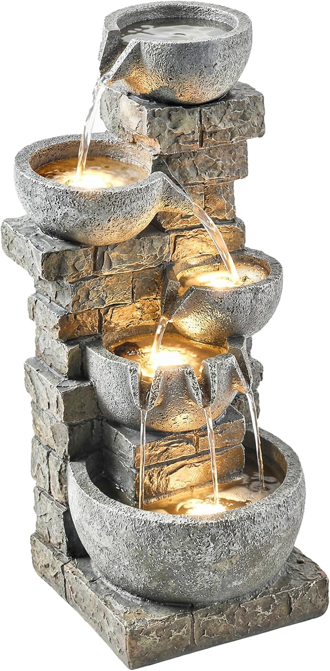 Outsunny 31.5" Tall 5 Tiers Outdoor Water Fountain, Waterfall Fountain with Warm LED Lights, Outdoor Cascading Water Feature for Garden Patio Backyard Porch Home Decor, Stone Gray