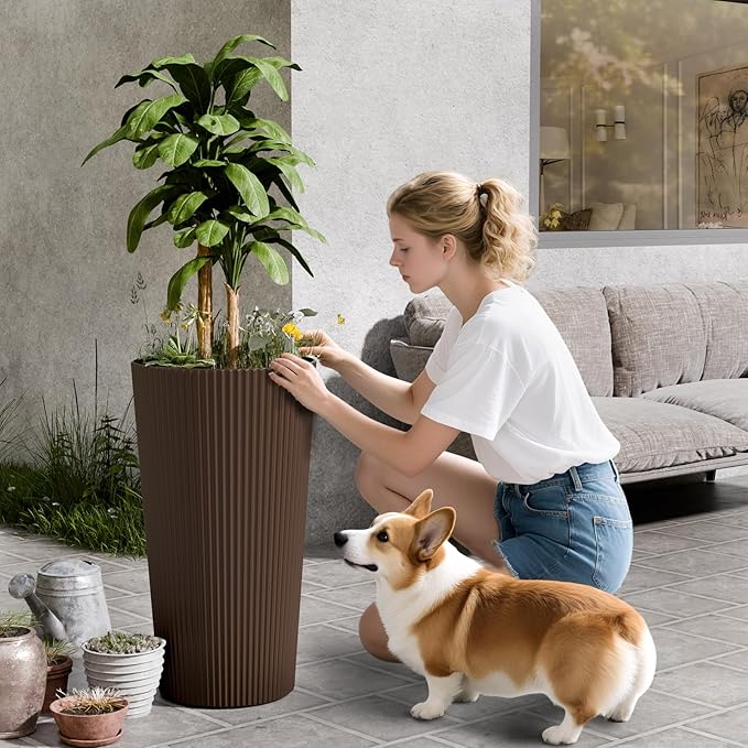 23.6" Tall Planters for Outdoor Plants,Large Outdoor Planters for Front Porch Decor with Drainage Hole, Flower Pots Fits Indoor Plants Patio/Garden, Plastic Striped Brown(2 Pack)