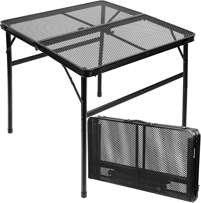 Square Folding Card Table with Adjustable Height (12" & 26"), Black Portable Metal Mesh Table for Camping, BBQ, Picnic, Game, Patio & Indoor Use, Fits 2–4 People, Lightweight 7.6 lb, Supports 66 lb by EEASTSTORM