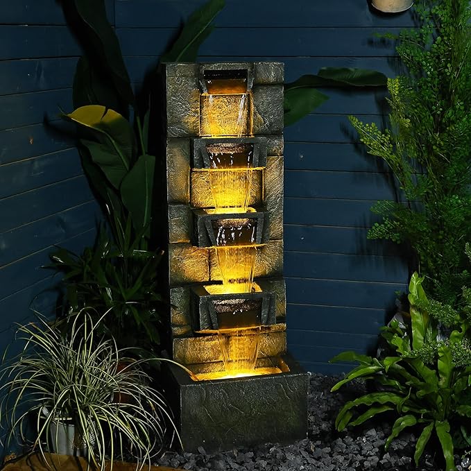 41.1" Garden Water Fountain Outdoor – 5-Tier Modern Cascading Resin Waterfall Fountain with LED Light, Mossy Stone Look, Floor-Standing Outdoor Water Feature for Patio, Yard, Deck, Home Décor