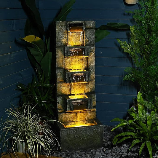 41.1" Garden Water Fountain Outdoor – 5-Tier Modern Cascading Resin Waterfall Fountain with LED Light, Mossy Stone Look, Floor-Standing Outdoor Water Feature for Patio, Yard, Deck, Home Décor