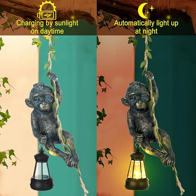 Solar Light Outdoor Monkey Statues Bronze 7.48 Inch Resin Chimpanzee Baby Monkey Climbing on Vine with LED Lantern Waterproof Hanging Figurine with Hook for Yard Garden Wall
