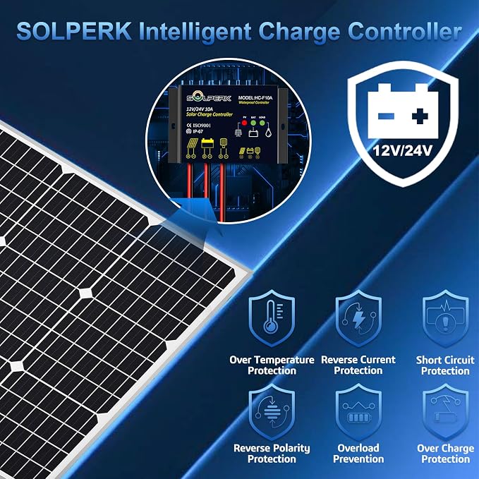 SOLPERK Solar Panel Kit 50W 12V, Waterproof Solar Battery Trickle Charger Maintainer + Waterproof Controller + Adjustable Mount Bracket for Boat Car RV Motorcycle(Without Mounting Bracket) - Image 2