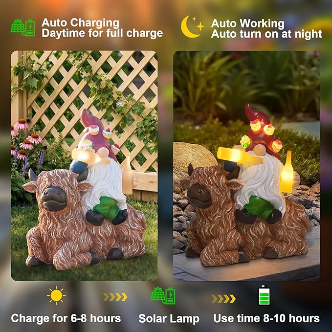 DKJOCKY Gnome Garden Decor Statue with Solar Light Lantern, Highland Cow Birthday Gifts for Women Mom Grandma, Funny Waterproof Resin Figurine Outdoor Decorations for Yard Patio Lawn Balcony Porch