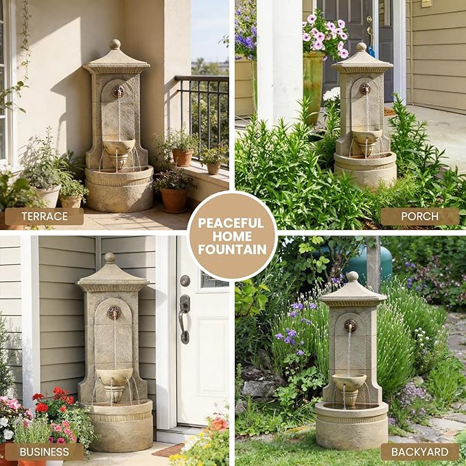 Outdoor Wall Fountain with LED Lights, 42.91” H Freestanding Garden Water Fountain, Large Floor Standing Patio Waterfall Feature, European Resin Flat Back Yard Courtyard Porch Déco