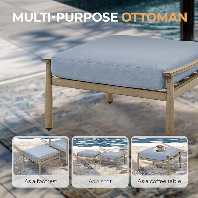 HAPPATIO Patio Outdoor Furniture Set - 7 Pieces Aluminum Outdoor Conversation Set Includes 1 Three-Seater Sofa, 1 Side Table, 1 Coffee Table, 2 Swivel Chairs and 2 Ottomans for Porch, Lawn (Brown)