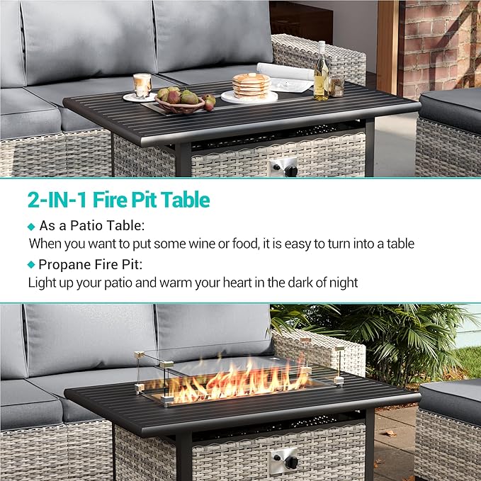 16-Piece Outdoor Patio Furniture Set with Rocking Swivel Chair, PE Wicker Rattan Sectional Sofa Patio Conversation Set with 55,000 BTU Fire Pit Table & Coffee Table, Grey