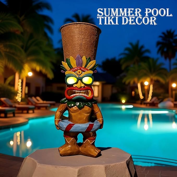 Tiki Staue, Outdoor statue with Solar Eyes, Tikis Bar Decor with Solar Light, Tikis Pool Decor, Garden Statues with Swim Ring, Tiki Porch Patio Decorations, Tiki Figurine Gift for Mom Women Friends