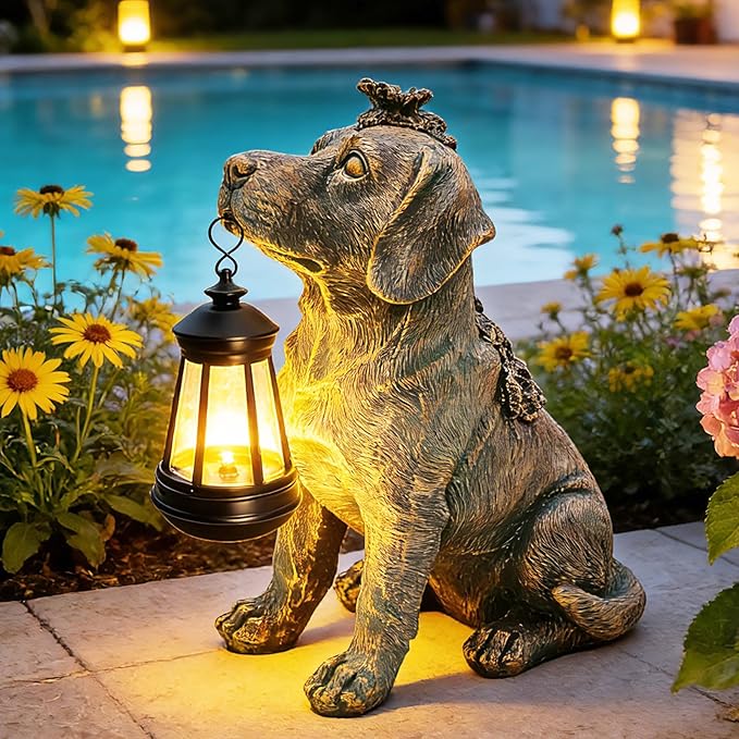 Solar Garden Statue Dog Figurine Decor with Lantern Lights, Outdoor Decoration Solar Dog Sculptures for Outside Patio Lawn Balcony Yard Ornament, Dogs Lover Gifts for Women Mom Grandma Birthday