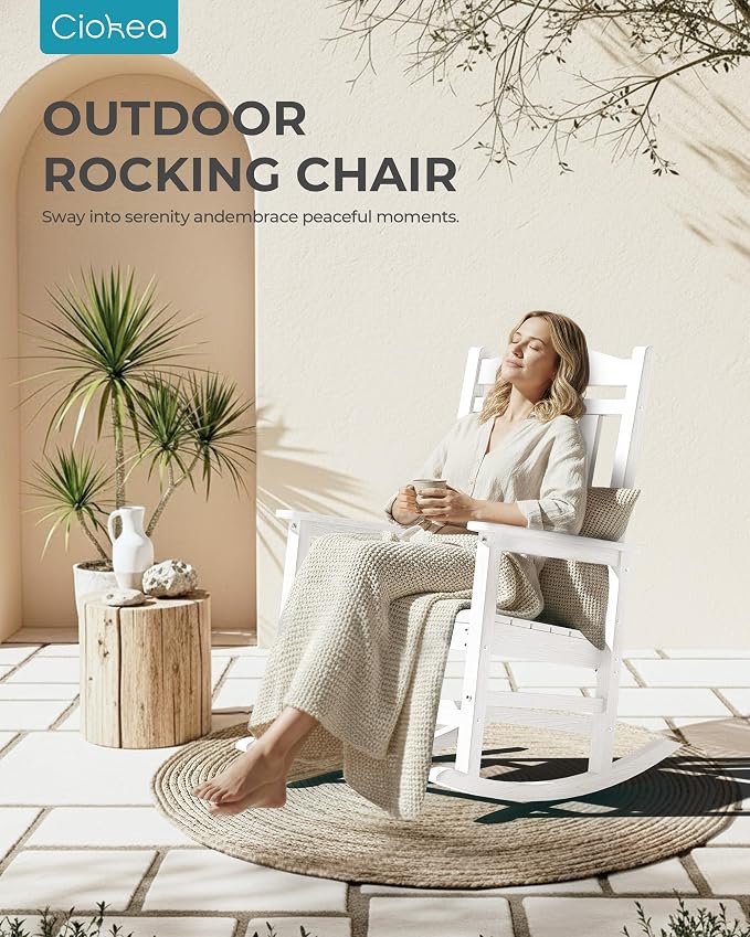 Ciokea Oversized Outdoor Rocking Chairs Set of 4, 380lbs Heavy-Duty Large Patio Rocker, High Back Cozy Porch Chairs, Weather Resistant Patio Rocking Chairs for Outside, Fire Pit, Deck, White - Image 8