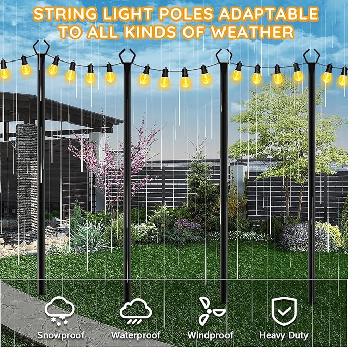 6 Pack String Light Poles, Outdoor String Light Pole 10 ft Forked Metal Light Pole with Adjustable Outdoor Light Stand, Deck, Backyard, Garden, Wedding, Rustproof and Sturdy with Hooks.